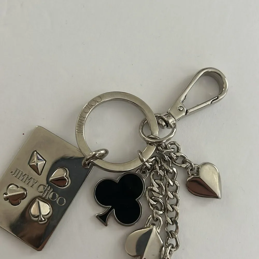 NWOT Jimmy Choo Key Chain Bag Charm Silver Queen Of Hearts Poker Themed